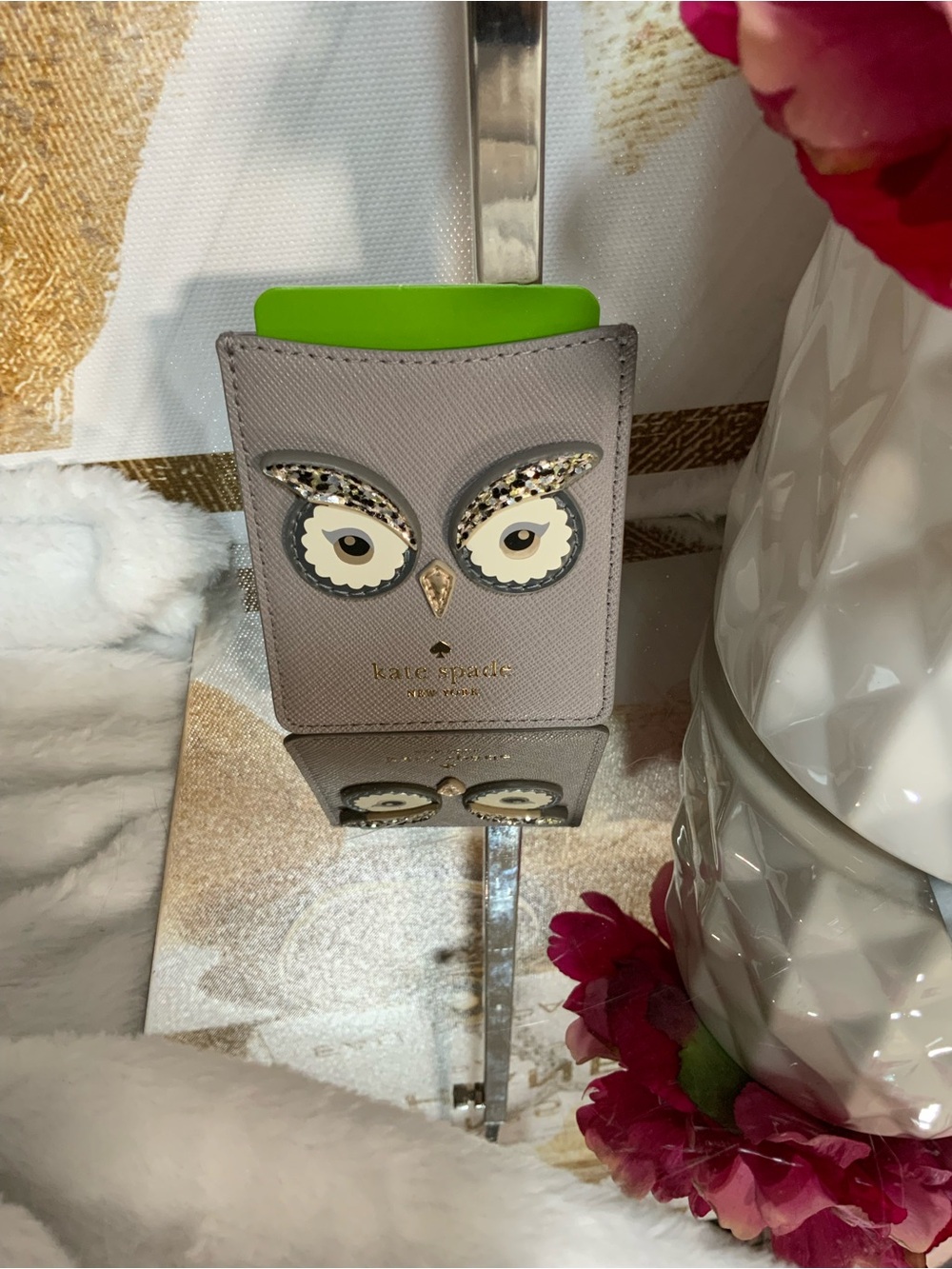 kate spade Grey Owl Card Holder with Gold Accents